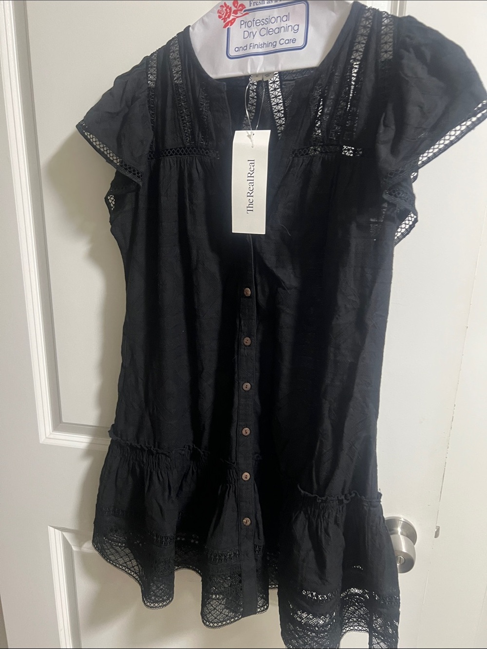 Veronica Beard Black Button-Front Mini Dress with Lace Trim
